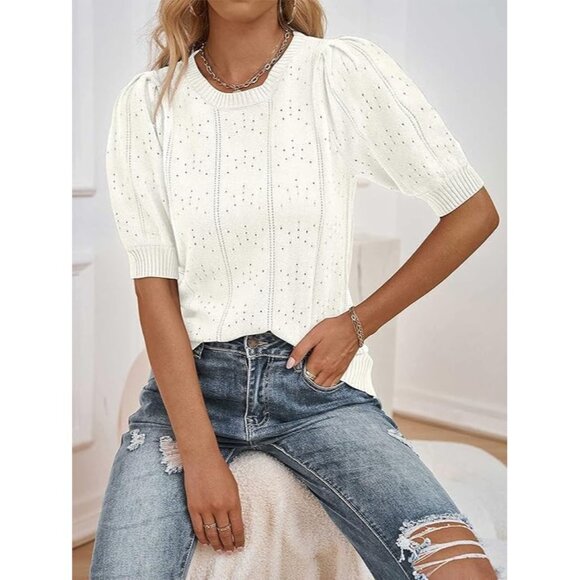 🆕 Women White Puff Short Sleeve Sweater Tops Soft Lightweight Pullover Shirts - Picture 4 of 7